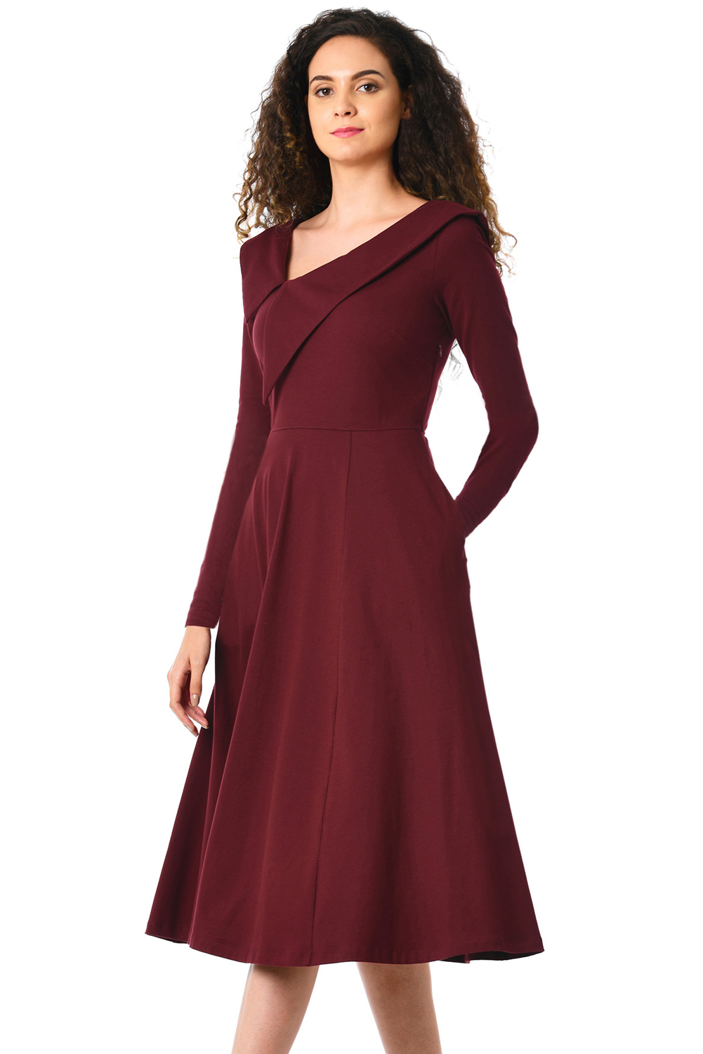 BY610388-3 Burgundy Retro Inspired Asymmetric Collar Flared Dress